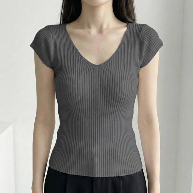 소니오 여성용 딥브이 숄더 반팔 니트