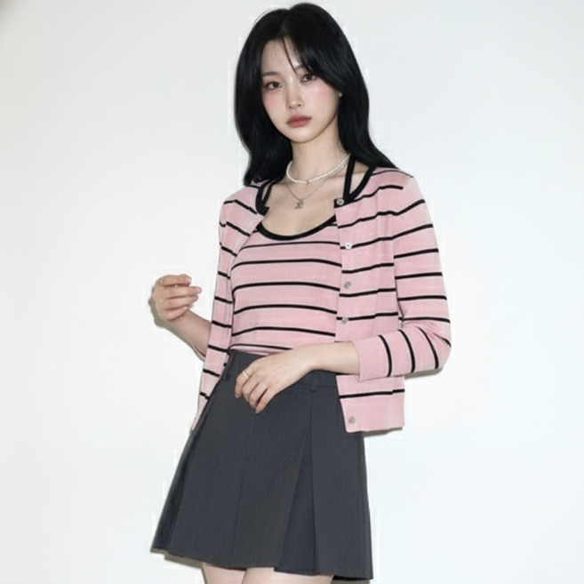페이퍼먼츠 여성용 스트라이프 홀터넥 나시 + 가디건 세트 13869