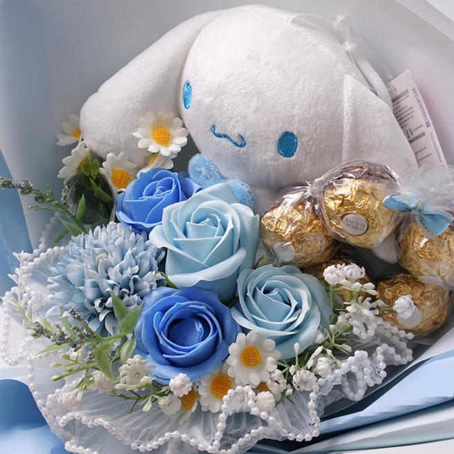 morningscent 초콜릿 입학식 축하 졸업식 산리오 진주레이스 페레로로쉐 비누꽃다발, 시나모롤 블루