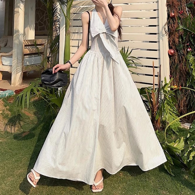 MarketA 女款條紋繞頸法式長洋裝 M263-0069W, 白色