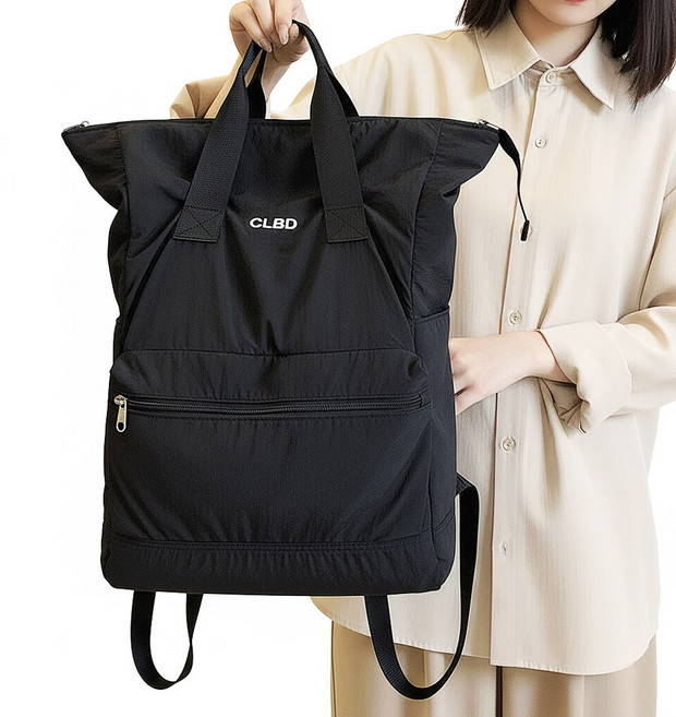 MISS BAEK 女款 Longlee 抽繩尼龍工裝輕量旅行用口袋防水後揹包, 黑色