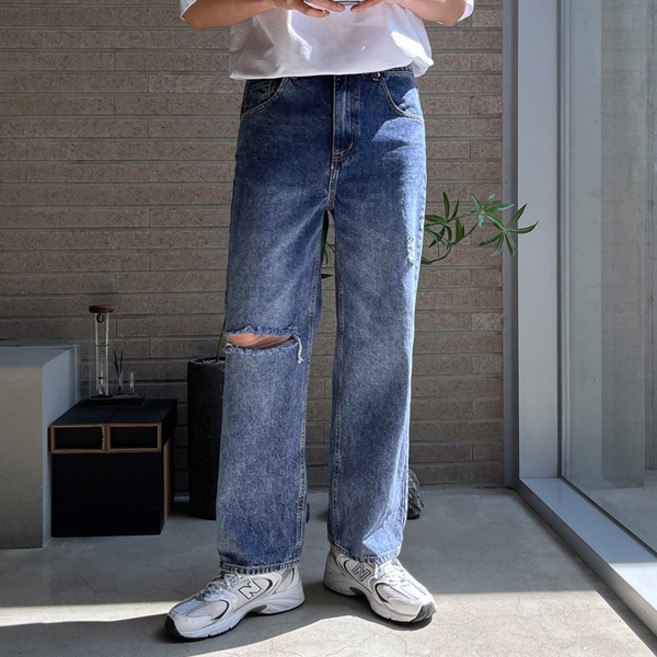 조군샵 남성용 데미지 포인트 와이드 데님 청바지 P6671