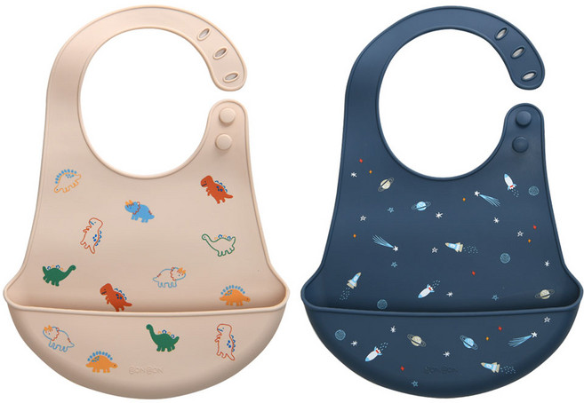 데일리라이크 봉봉 실리콘 턱받이 세트, 베이비 디노 + 유니버스, 2개입, 1세트