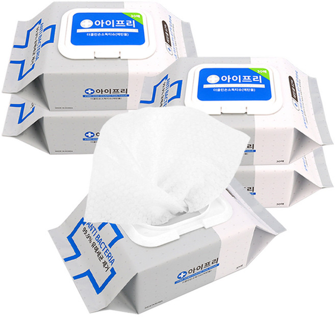 아이프리 휴대용 더 클린 손소독티슈 캡형, 30매, 5개