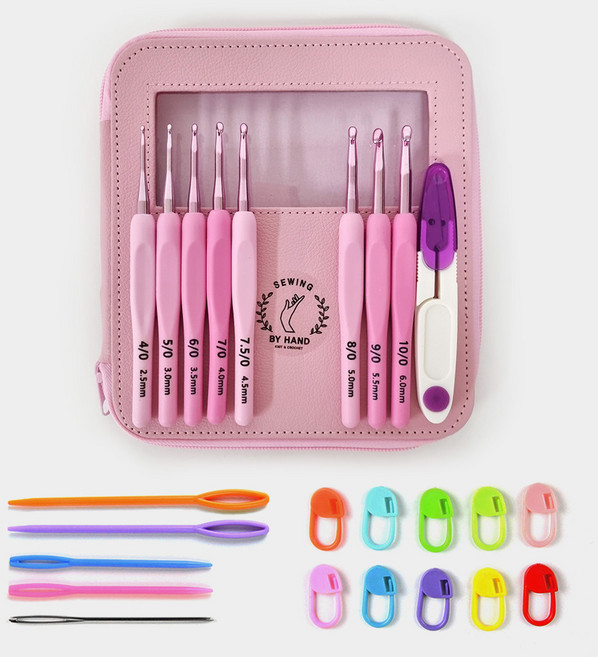소잉바이핸드 모사용 코바늘 8종 + 돗바늘 5종 + 단수링 10종 + 쪽가위 + 케이스 세트, 1세트