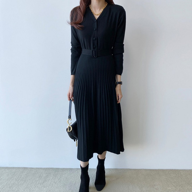 TANIZ Eto'o 配腰帶褶襉 針織長連衣裙, 黑色