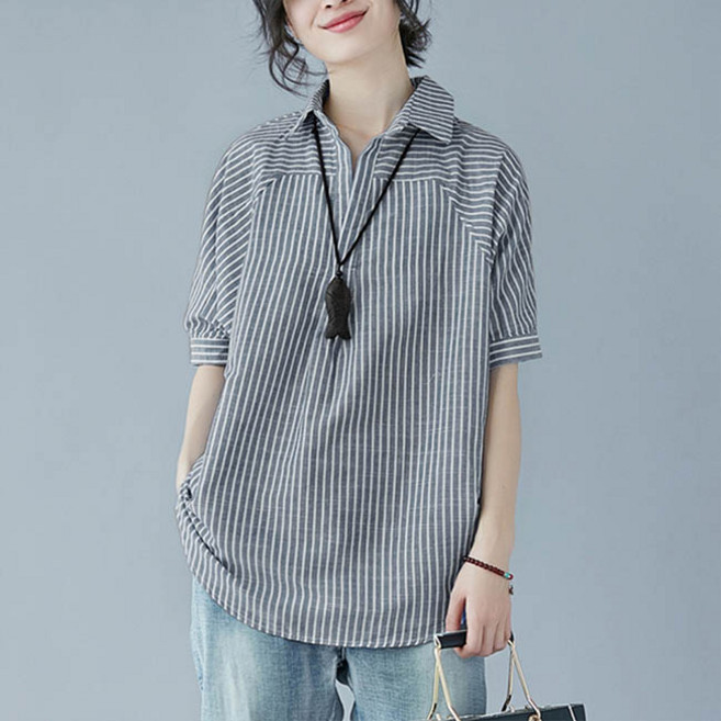 앤드스타일 여성용 하프오픈넥 스트라이프 반팔 셔츠 260612