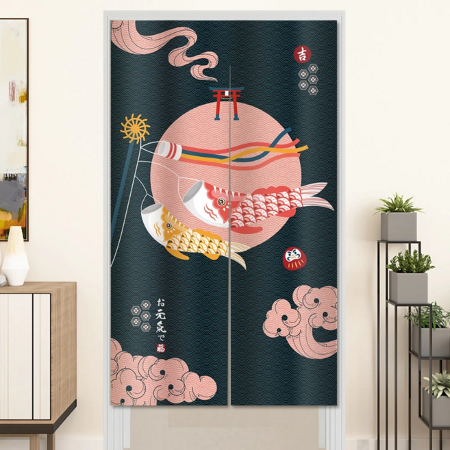 BonBon naturel 加厚穿桿式長門簾, 鯉魚躍龍門 黑色