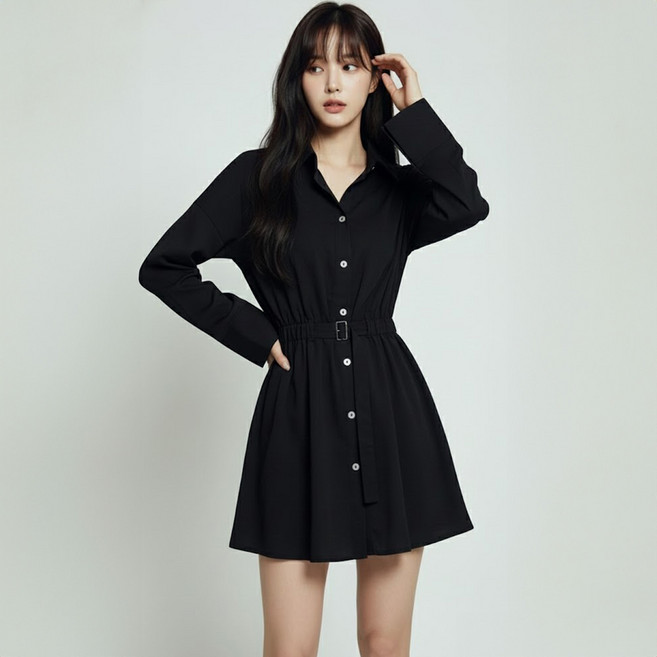 Paperments Ruel 摩登腰帶襯衫迷你連身裙 14308, 黑色