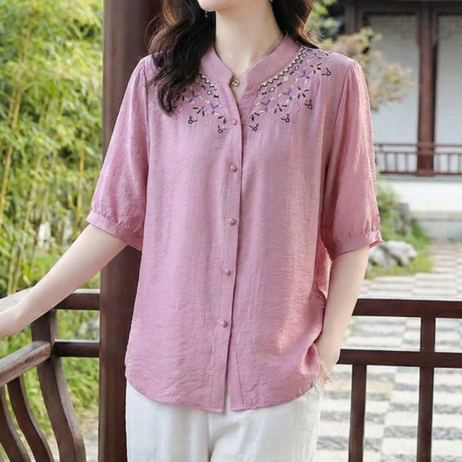 인피어스 빅사이즈 중년 오픈카라 자수 블라우스 I263-0354