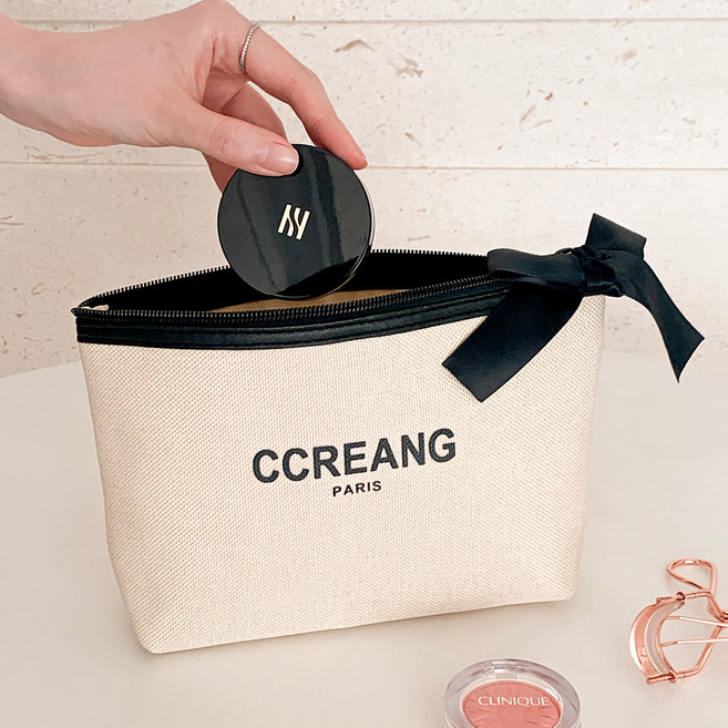끄레앙 리본장식 캔버스 소재 중형 화장품 파우치 P1504