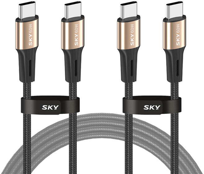 SKY 비트 60W PD PPS C타입 고강도 패브릭 초고속충전 골드 메탈 케이블, 200cm, 2개, 블랙