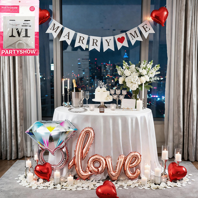 파티쇼 프로포즈 은박풍선 다이아반지 미니하트 세트, 로즈골드(LOVE풍선), 1세트