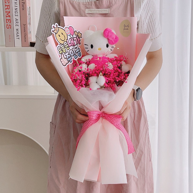 러블리팜 조화 산리오 with 시들지 않는 안개꽃다발 + 주인공 토퍼 + LED 조명 세트, 헬로키티, 1개