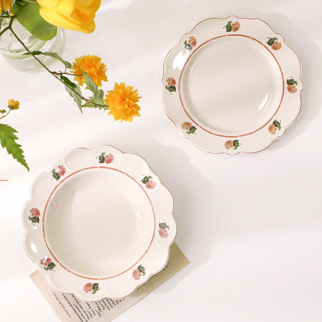 이우아여사 프로방스의 오후 빈티지 플레이트 세트, 1세트, 피치 깊은볼19 cm + 피치 접시19 cm, 혼합색상