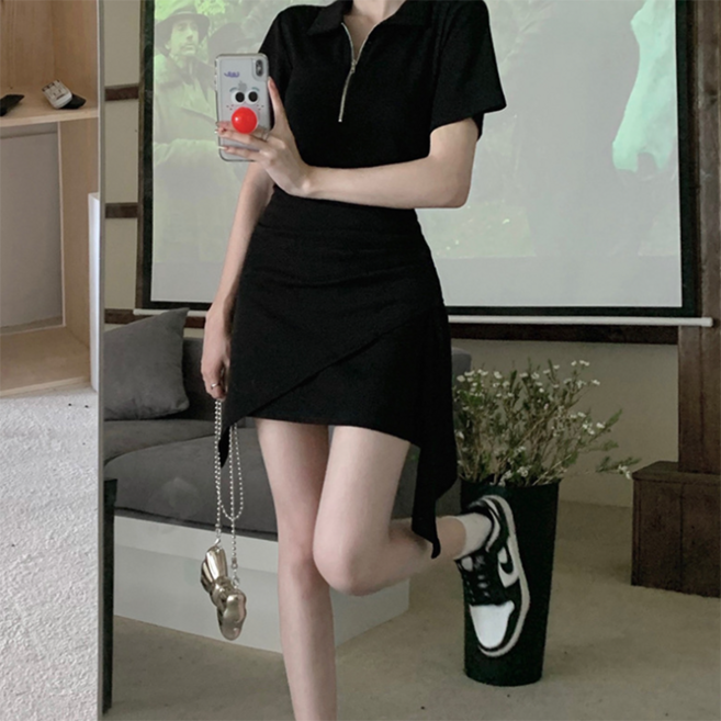 피어니스트 언발 반팔 집업 슬림핏 미니 원피스