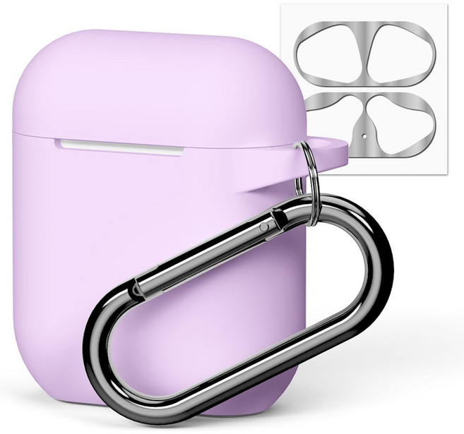 구스페리 에어팟 실리콘 케이스 + 철가루방지 스티커 + 카라비너 세트, 에어팟 1 / 2세대, 라벤더, 1세트