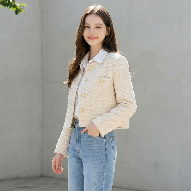 BURU N JUDY 女款金色圓領珍珠粗花呢夾克 BOSBJK502B