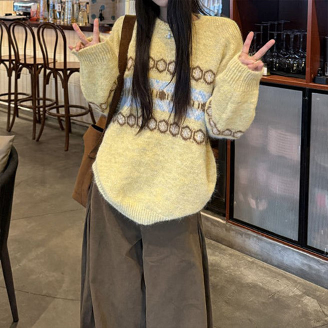 Fashion Flow 女性馬海毛復古風情提花圖案針織毛衣