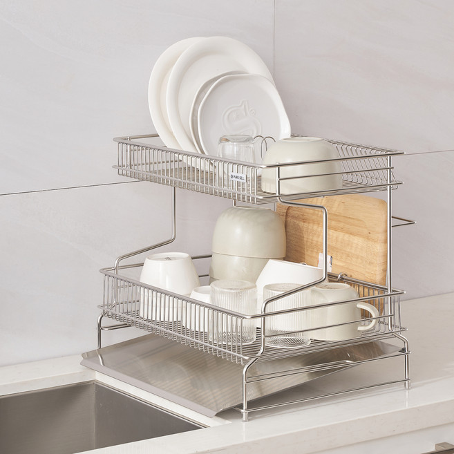 퓨어셀 프리미엄 304 올스텐 물빠짐 식기건조대 B 정면 경사형, 2단, 실버, 1개