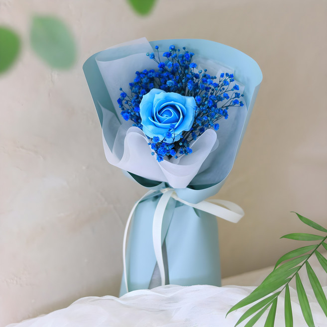Scent Basket 永生滿天星混搭單支香皂玫瑰花束, 藍色, 1個