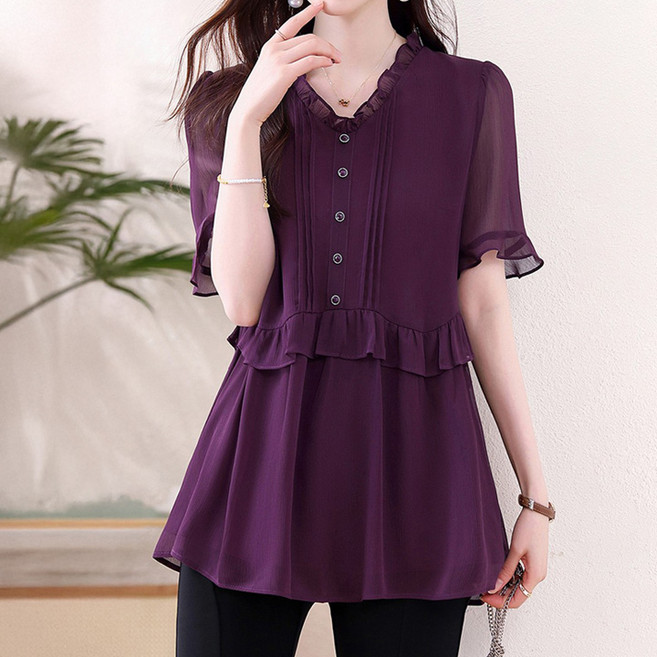 퀸이즈 여성용 빅사이즈 프릴넥 포인트 쉬폰 블라우스