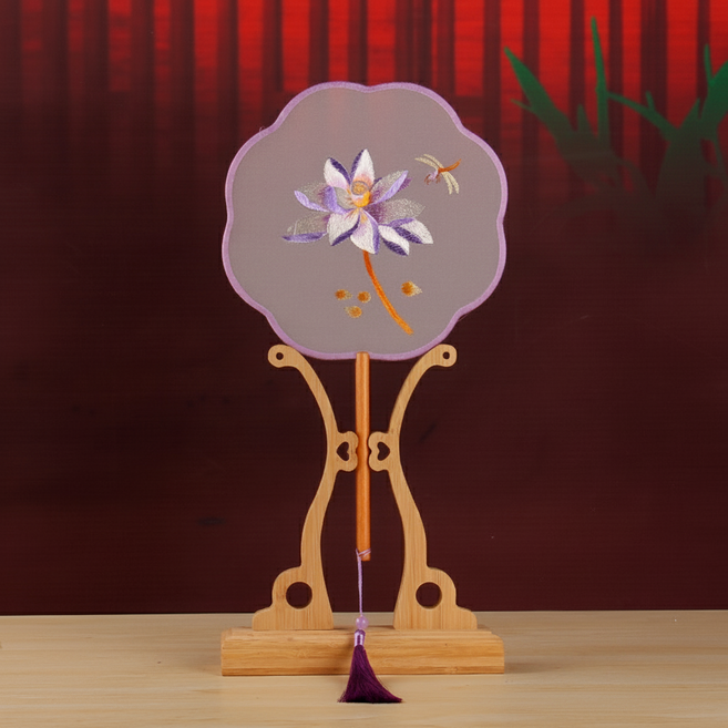 마켓피아 인테리어 장식 자수 그림 부채, 양면 여덟 꽃잎 물 히비스커스, 1개