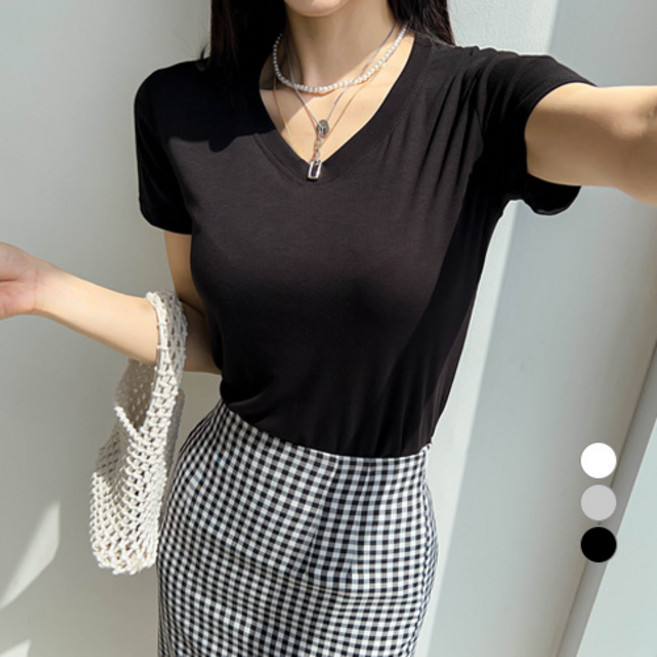 세컨그라운드 여성용 레이온 브이넥 슬림핏 반팔 티셔츠