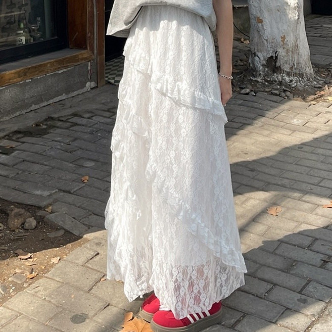 아이엠몽 여성용 루즈핏 언발란스 프릴 레이스 캉캉 스커트 R6H058