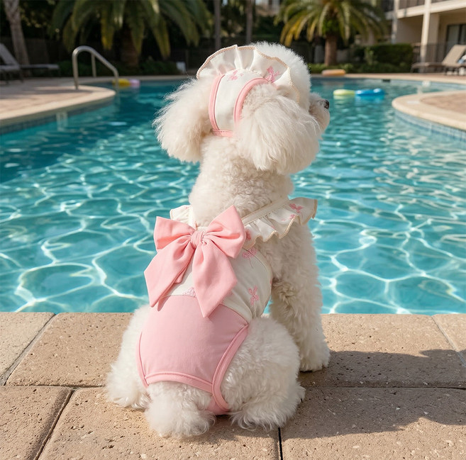 웨이비데이즈 반려동물 빅리본 프릴 수영복 + 모자 세트 W265-0135, 화이트, 1세트