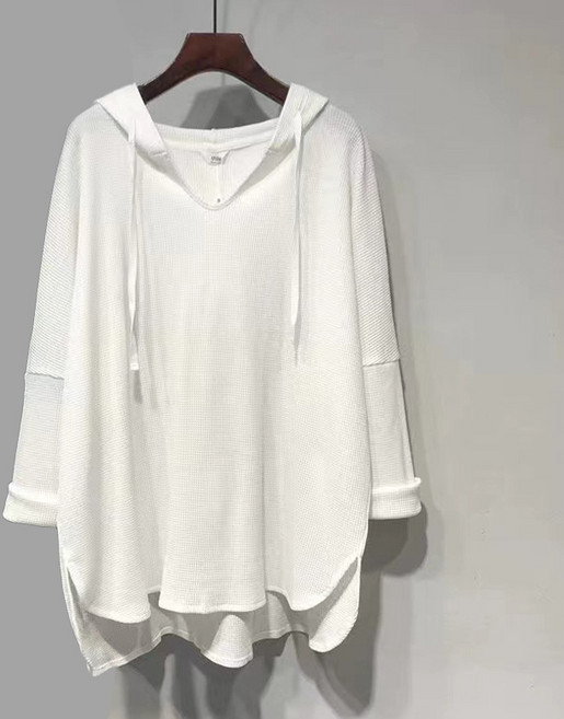 구디프 여성용 롱 박시핏 와플 후드 긴팔 티셔츠