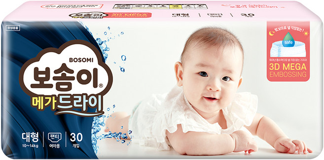 보솜이 메가드라이 팬티형 기저귀 여아용, 대형(L), 30매
