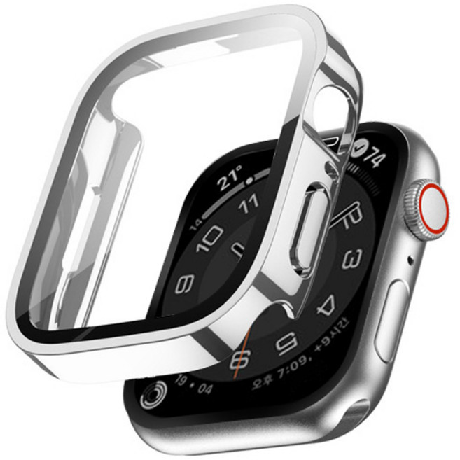 이츠라이프 애플워치 9H 스퀘어 풀커버 강화유리 케이스 45mm, 실버, 1개