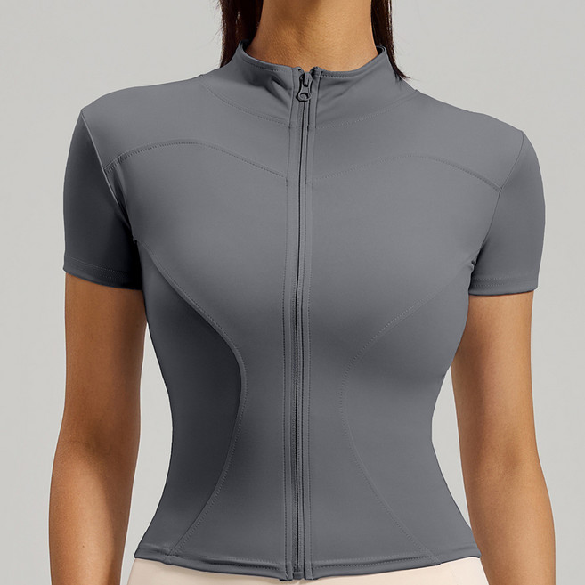 더시럽 여성용 슬림핏 쫀쫀 요가 필라테스 반팔 집업 자켓