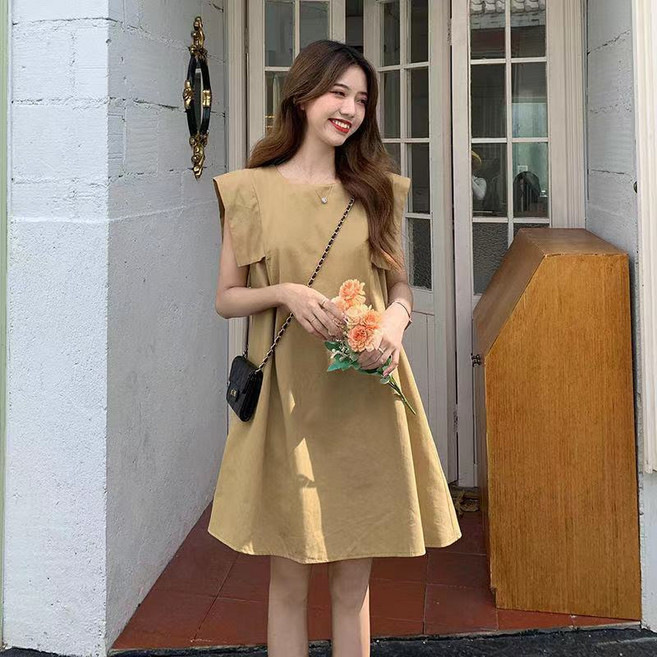 PEONIST 寬鬆版無袖可愛迷你連身裙 含大尺碼, 米色