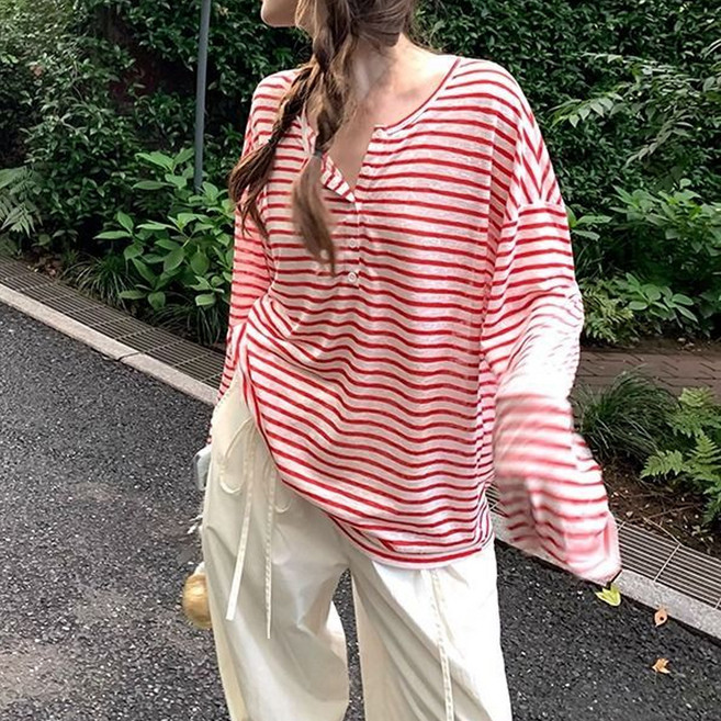 더시럽 여성용 비비드 스트라이프 버튼 긴팔 티셔츠