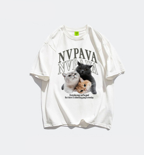 언헤브 남녀공용 시크 고양이 캐주얼 반팔 티셔츠