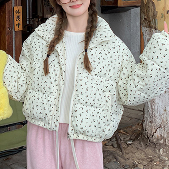 Fashion Flow 女款可愛花卉印花寬鬆短版羽絨外套