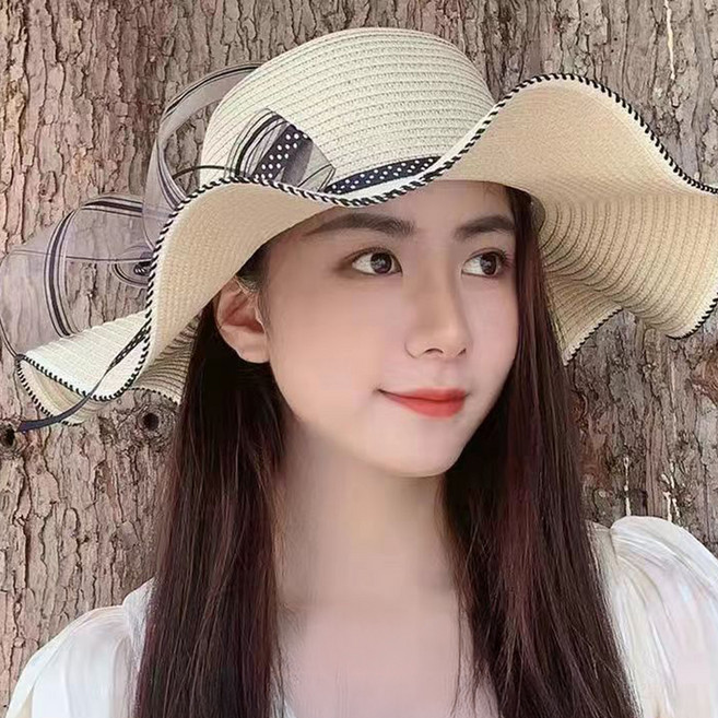 디멜디 여성용 도트 리본 웨이브 밀짚모자