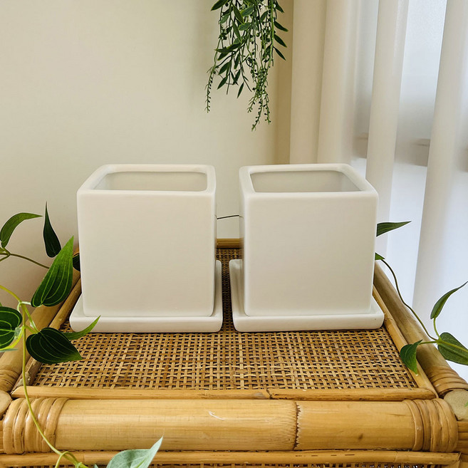 앙플랜트 모던 사각 세라믹 화분 2p, 화이트, 1개
