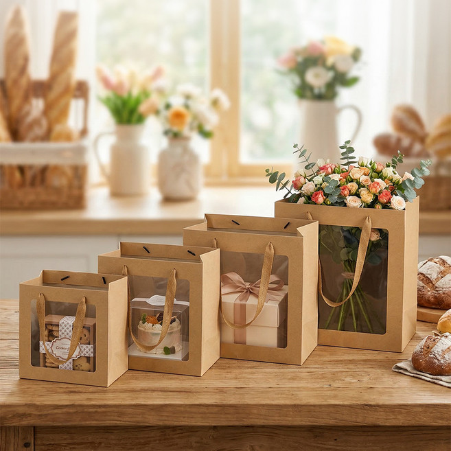 펜시픽 바닥넓은 정사각 투명창 윈도우 쇼핑백, 크라프트, 5개