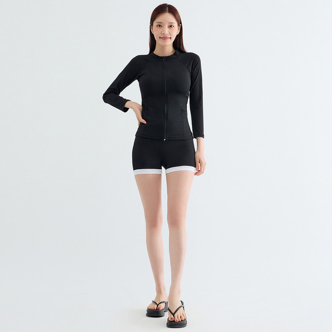 Elsso 女款三件式長袖防磨衣比基尼上衣短褲泳裝3件組, 黑色
