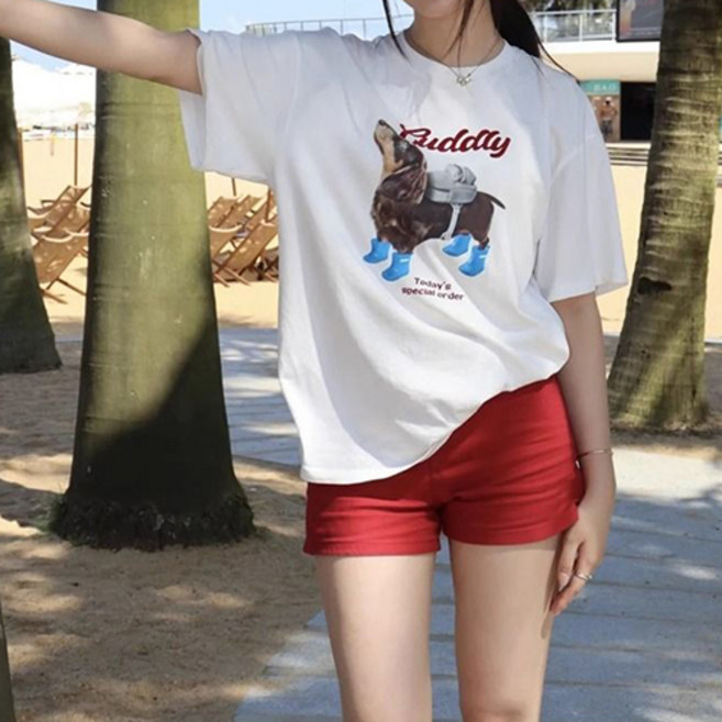 레몬소울 여성용 퍼들리 프린팅 반팔 티셔츠