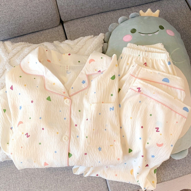 Elsso 女性透氣紗布棉輕薄可愛居家服長袖長褲套裝