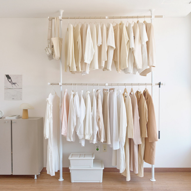 ROOM&HOME 更衣室頂天立地式雙層基本款吊衣桿, 米色
