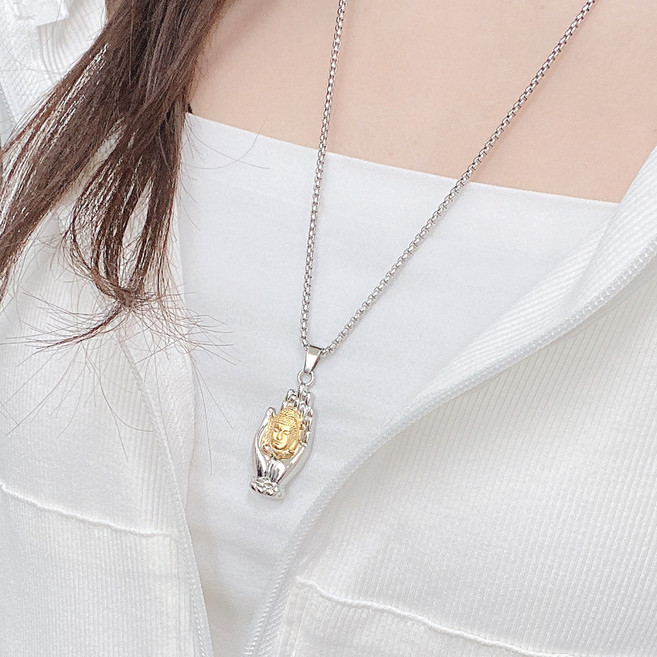 젤루나 티타늄 부처 불상 행운 재물 소원 평안 불교 유니크 드롭 체인 목걸이 M-183