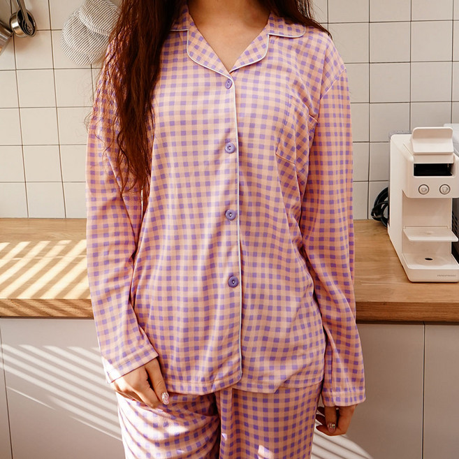 핑크존 여성용 케이디 긴팔 체크 잠옷 상하의 세트