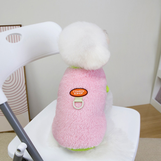 티티펫 강아지 몽글몽글 후리스 라벨 티셔츠, 핑크, 1개