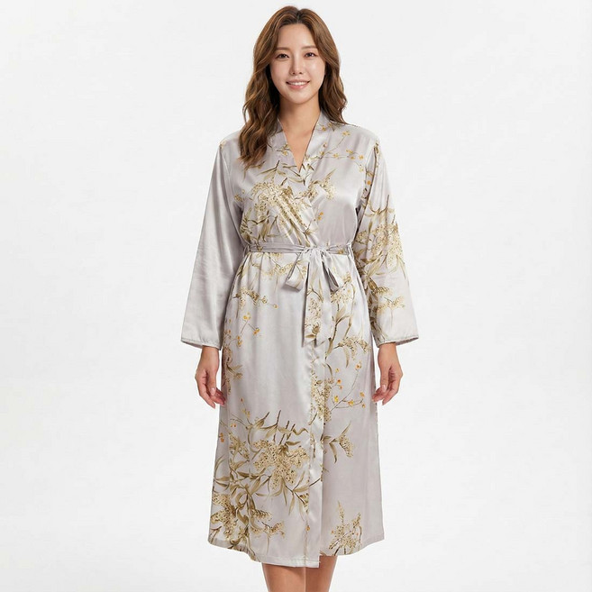 투이스타 여성용 플라워 꽃무늬 실키 롱 로브 가운