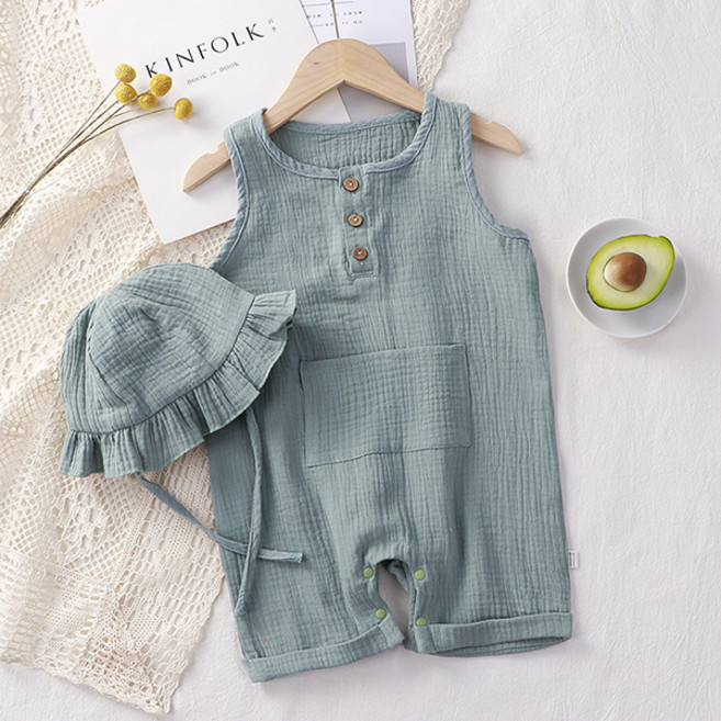 조이멀티 유아용 우드단추 민소매 우주복 + 모자 세트